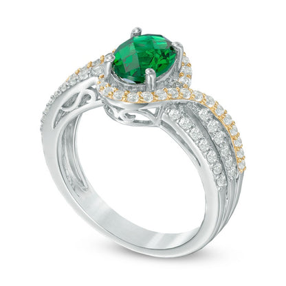 Oval Lab-Created Emerald and White Sapphire Swirl Engagement Ring in Two-Tone Sterling Silver