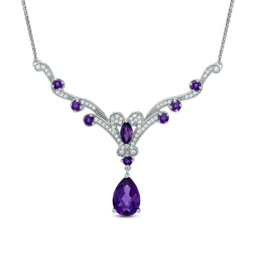 Pear-Shaped Amethyst and Lab-Created White Sapphire Necklace in Sterling Silver - 15"