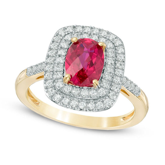 Oval Lab-Created Ruby and White Sapphire Double Frame Engagement Ring in Sterling Silver with Solid 14K Gold Plate
