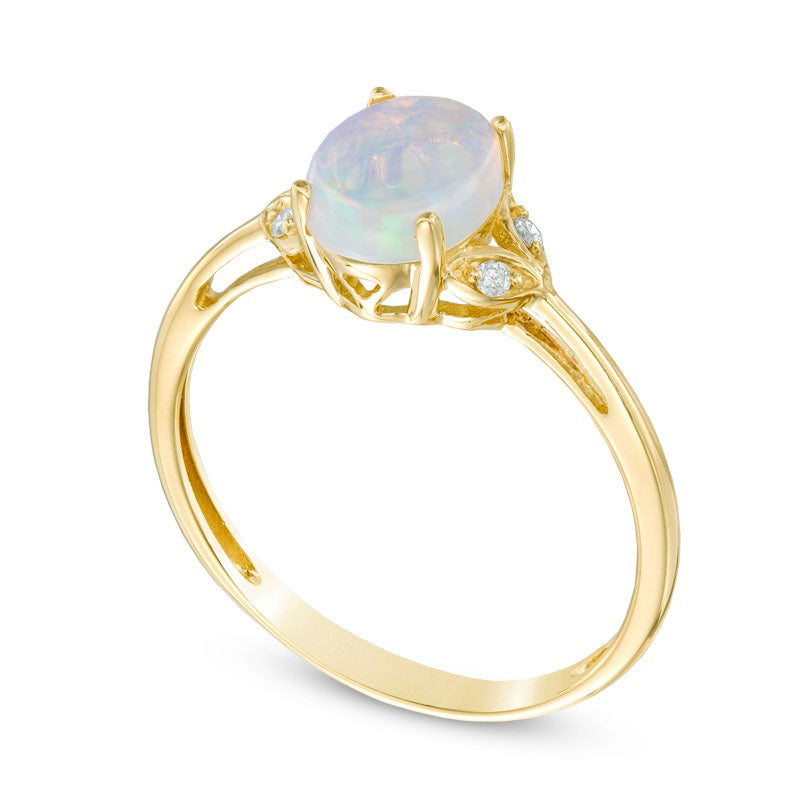 Oval Opal and Natural Diamond Accent Antique Vintage-Style Ring in Solid 10K Yellow Gold