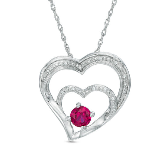 5.0mm Lab-Created Ruby and Diamond Accent Double Heart Pendant in Sterling Silver