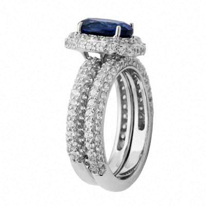 Oval Lab-Created Blue and White Sapphire Bridal Engagement Ring Set in Sterling Silver