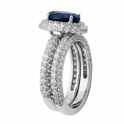 Oval Lab-Created Blue and White Sapphire Bridal Engagement Ring Set in Sterling Silver