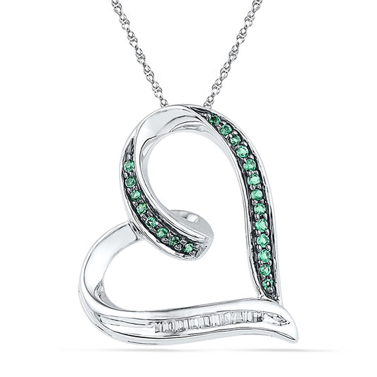 0.17 CT. T.W. Enhanced Green and White Natural Diamond Tilted Ribbon Heart Pendant in Sterling Silver