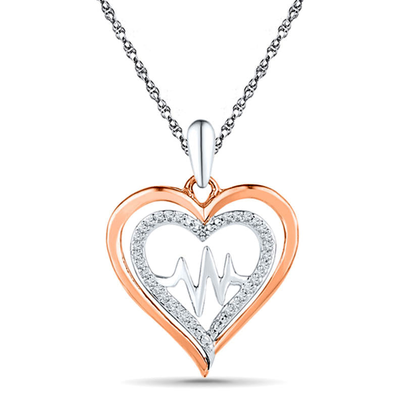0.13 CT. T.W. Natural Diamond Double Heart with Heartbeat Pendant in Sterling Silver and 10K Rose Gold