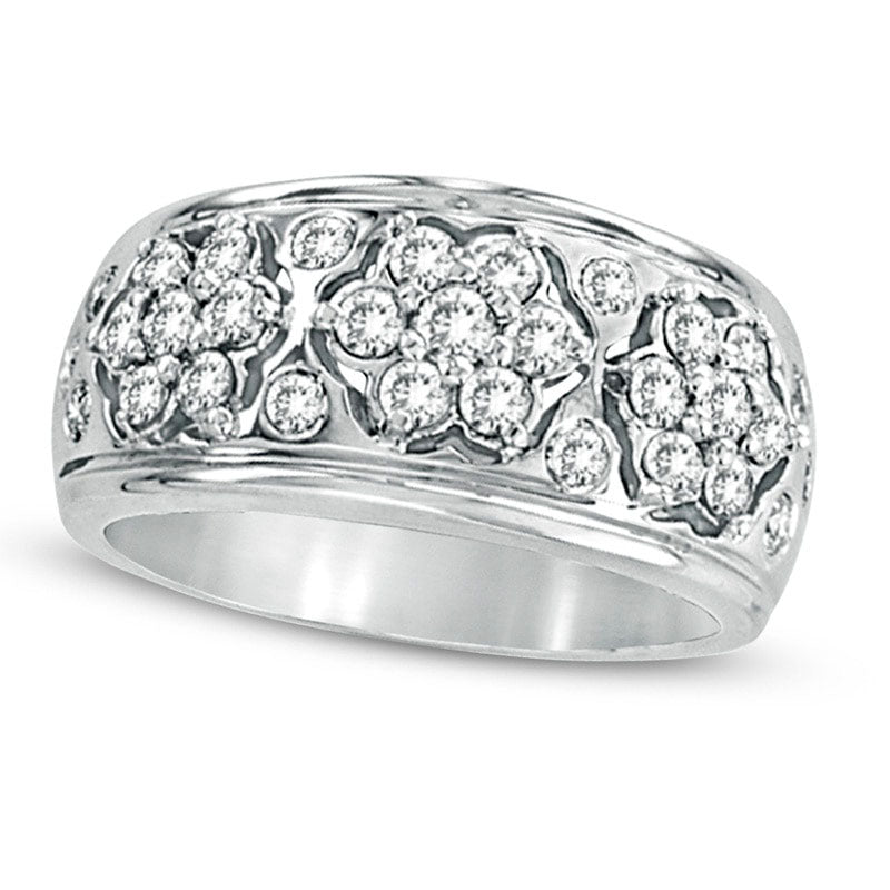 1.0 CT. T.W. Natural Diamond Triple Flower Cluster Ring in Solid 14K White Gold