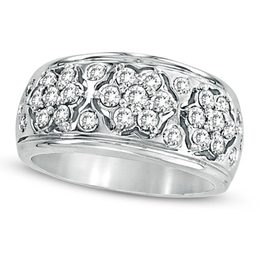 1.0 CT. T.W. Natural Diamond Triple Flower Cluster Ring in Solid 14K White Gold