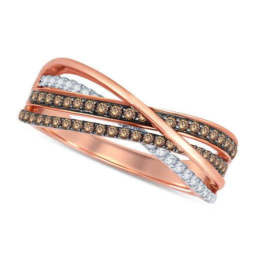 0.50 CT. T.W. Champagne and White Natural Diamond Double Row Overlay Ring in Solid 10K Rose Gold