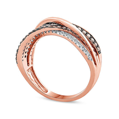 0.50 CT. T.W. Champagne and White Natural Diamond Double Row Overlay Ring in Solid 10K Rose Gold