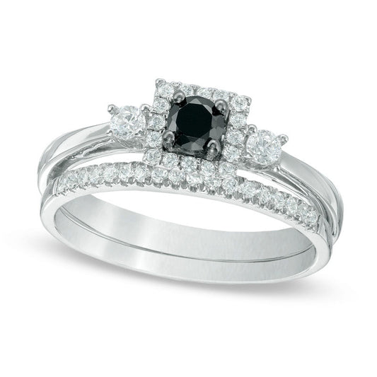 0.50 CT. T.W. Enhanced Black and White Natural Diamond Three Stone Bridal Engagement Ring Set in Solid 10K White Gold