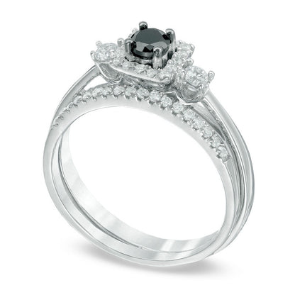 0.50 CT. T.W. Enhanced Black and White Natural Diamond Three Stone Bridal Engagement Ring Set in Solid 10K White Gold
