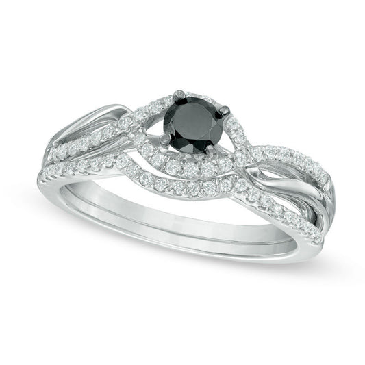 0.50 CT. T.W. Enhanced Black and White Natural Diamond Bypass Bridal Engagement Ring Set in Sterling Silver
