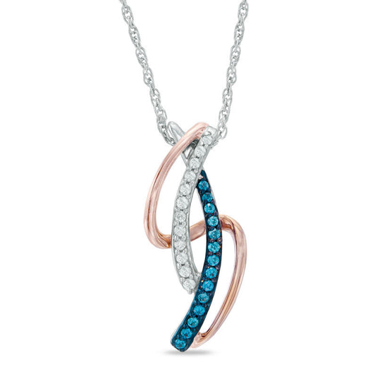 0.17 CT. T.W. Enhanced Blue and White Natural Diamond Abstract Ribbon Pendant in Sterling Silver and 10K Rose Gold
