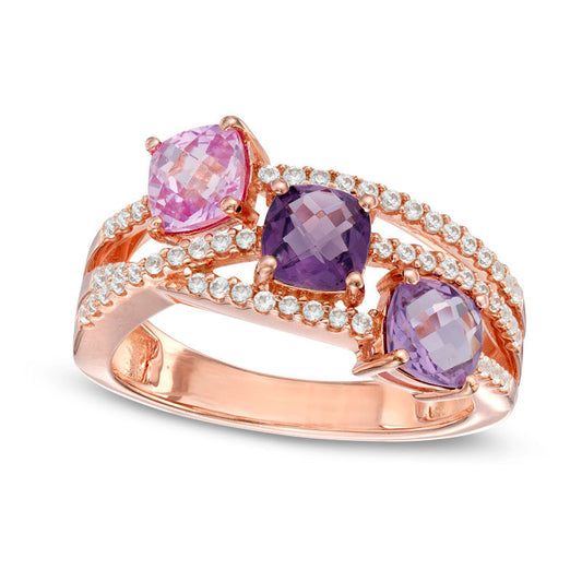 Cushion-Cut Amethyst and Lab-Created Pink and White Sapphire Ring in Sterling Silver with Solid 14K Rose Gold Plate