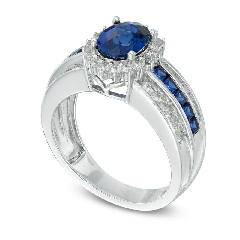 Oval Lab-Created Blue and White Sapphire Frame Engagement Ring in Sterling Silver