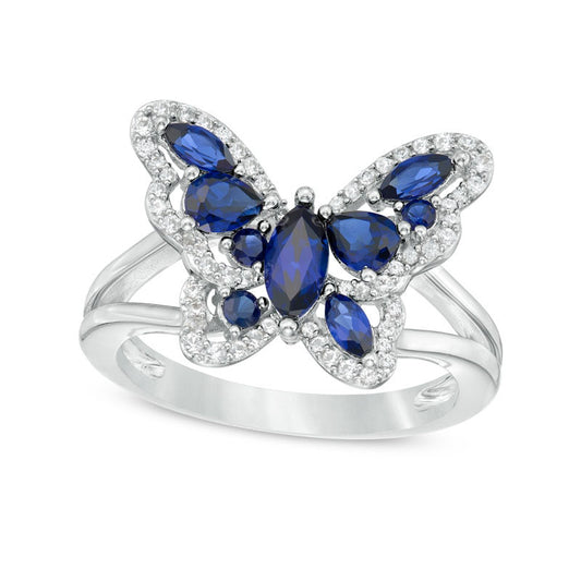 Multi-Shaped Lab-Created Blue and White Sapphire Butterfly Ring in Sterling Silver