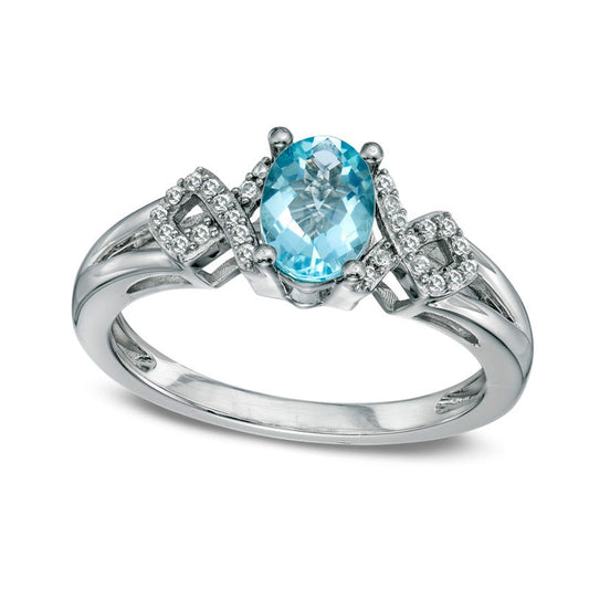 Oval Aquamarine and Lab-Created White Sapphire Split Shank Ring in Sterling Silver