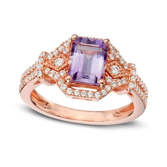 Emerald-Cut Amethyst and Lab-Created White Sapphire Ring in Sterling Silver with Solid 14K Rose Gold Plate