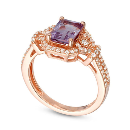 Emerald-Cut Amethyst and Lab-Created White Sapphire Ring in Sterling Silver with Solid 14K Rose Gold Plate