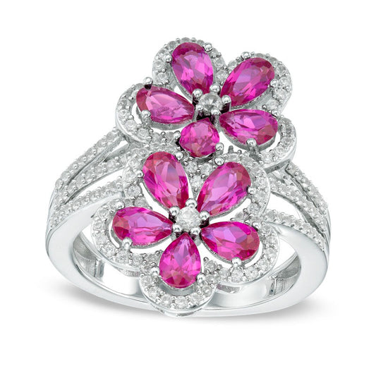 Pear-Shaped Lab-Created Ruby and White Sapphire Double Flower Ring in Sterling Silver