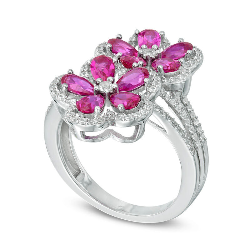 Pear-Shaped Lab-Created Ruby and White Sapphire Double Flower Ring in Sterling Silver