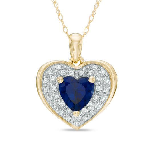 6.0mm Heart-Shaped Lab-Created Blue Sapphire and 0.13 CT. T.W. Diamond Frame Heart Pendant in 10K Yellow Gold