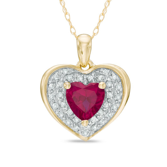6.0mm Heart-Shaped Lab-Created Ruby and 0.13 CT. T.W. Diamond Frame Heart Pendant in 10K Yellow Gold