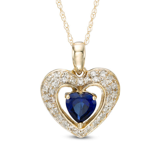 5.0mm Heart-Shaped Lab-Created Blue Sapphire and 0.13 CT. T.W. Diamond Frame Heart Pendant in 10K Yellow Gold