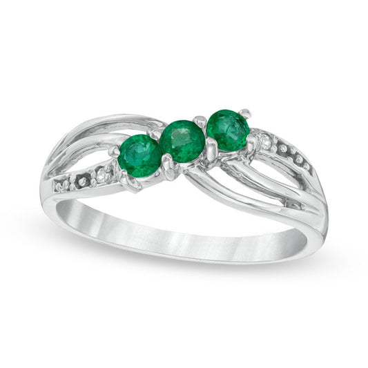 Emerald and Natural Diamond Accent Three Stone Split Shank Ring in Solid 10K White Gold