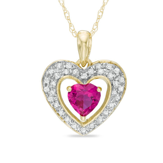 5.0mm Heart-Shaped Lab-Created Ruby and 0.13 CT. T.W. Diamond Frame Heart Pendant in 10K Yellow Gold