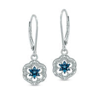 0.13 CT. T.W. Enhanced Blue and White Diamond Flower Drop Earrings in Sterling Silver