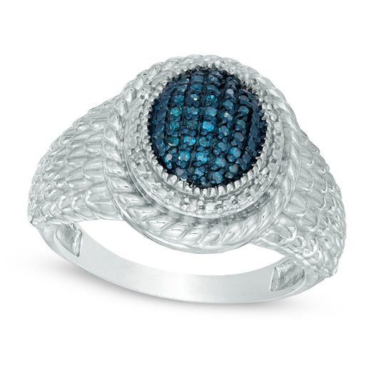 0.13 CT. T.W. Enhanced Blue and White Natural Diamond Oval Framed Feathered Ring in Sterling Silver - Size 7