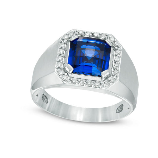 Men's 9.0mm Cushion-Cut Lab-Created Blue Sapphire and 0.25 CT. T.W. Diamond Frame Comfort Fit Ring in Solid 10K White Gold