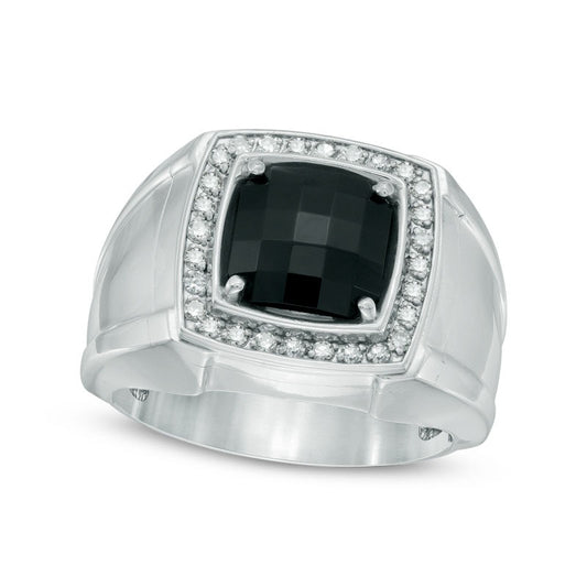 Men's 9.0mm Cushion-Cut Black Onyx and 0.25 CT. T.W. Natural Diamond Comfort Fit Ring in Sterling Silver