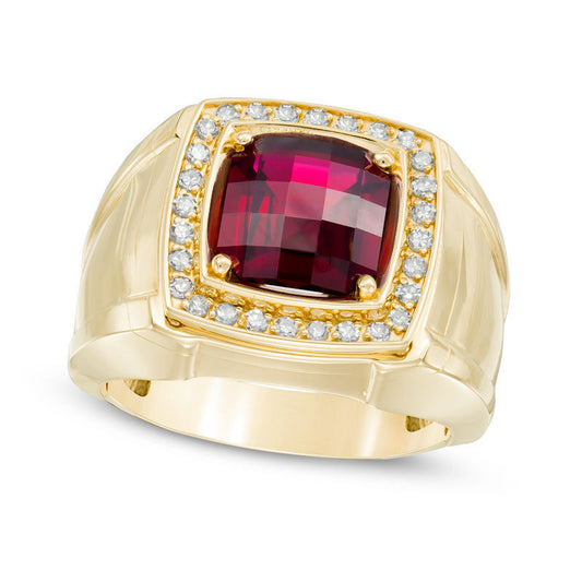 Men's 9.0mm Cushion-Cut Lab-Created Garnet and 0.25 CT. T.W. Diamond Comfort Fit Ring in Solid 10K Yellow Gold