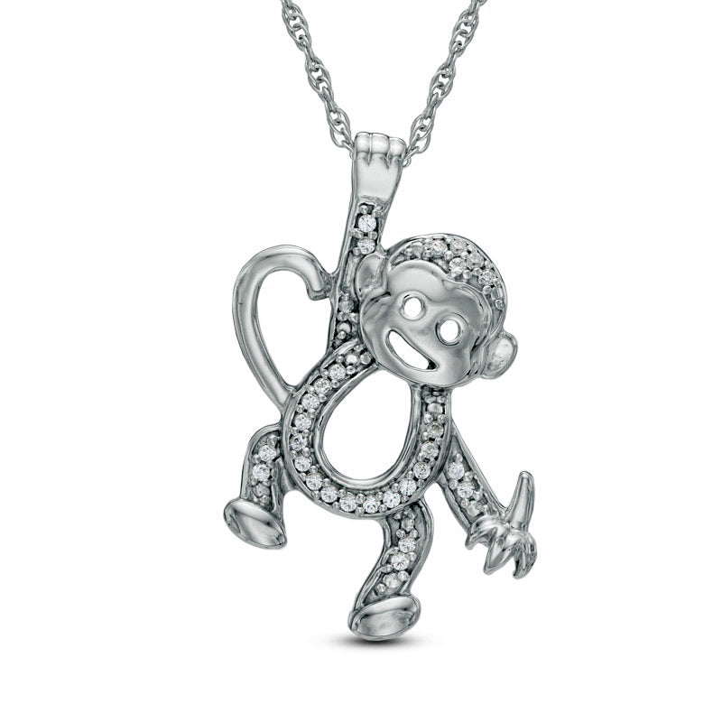 Natural Diamond Accent Hanging Monkey Pendant in Sterling Silver