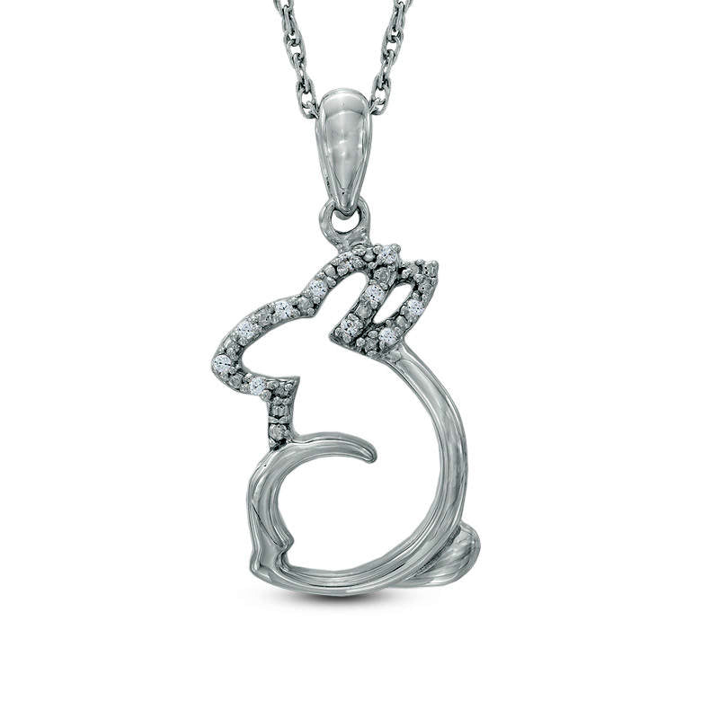 Natural Diamond Accent Sitting Rabbit Pendant in Sterling Silver