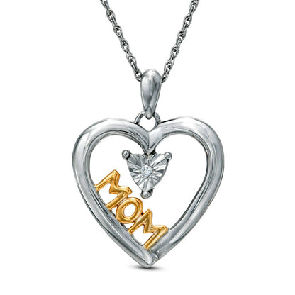 Natural Diamond Accent Heart with "MOM" Pendant in Sterling Silver and 14K Gold Plate