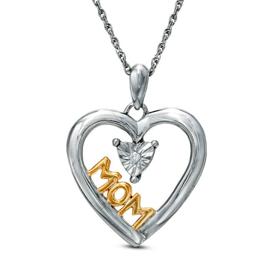 Natural Diamond Accent Heart with "MOM" Pendant in Sterling Silver and 14K Gold Plate