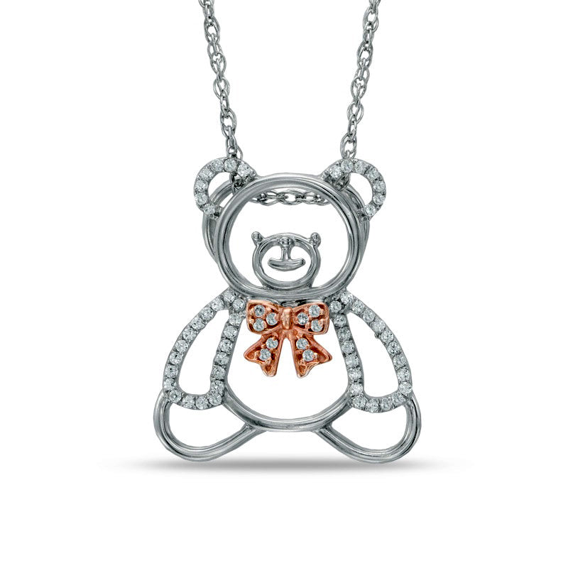 0.2 CT. T.W. Natural Diamond Teddy Bear with Bow Pendant in Sterling Silver and 10K Rose Gold