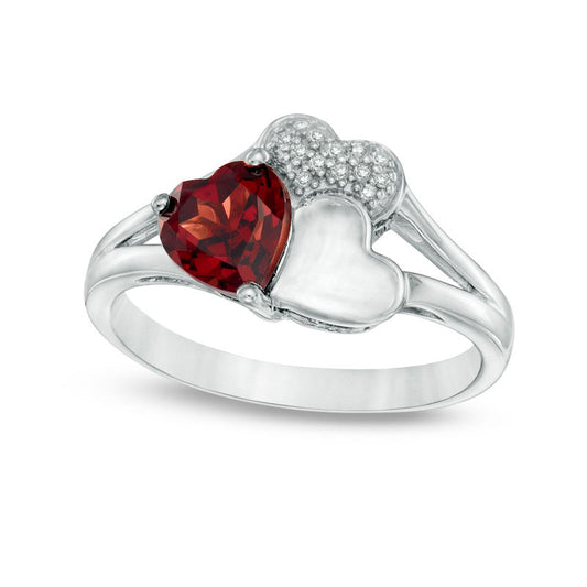6.0mm Heart-Shaped Garnet and Natural Diamond Accent Triple Heart Ring in Sterling Silver