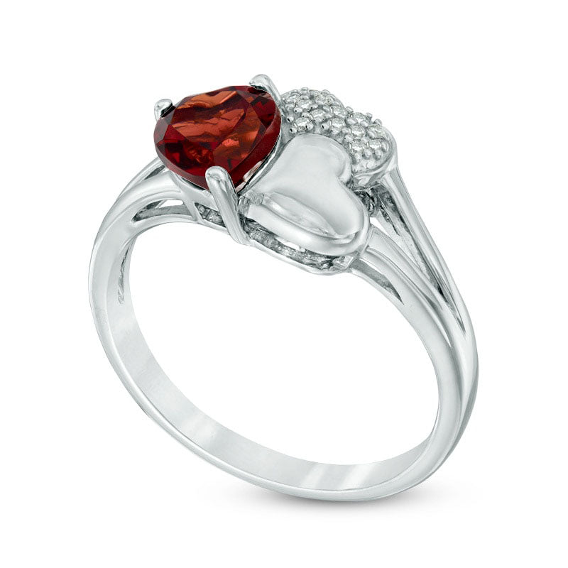 6.0mm Heart-Shaped Garnet and Natural Diamond Accent Triple Heart Ring in Sterling Silver