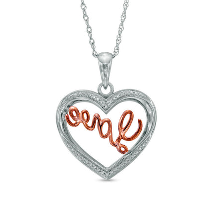 Natural Diamond Accent Heart with Cursive "Love" Pendant in Sterling Silver and 10K Rose Gold Plate