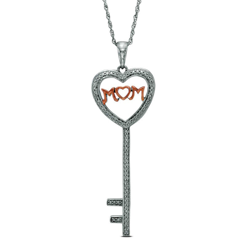 Natural Diamond Accent Heart-Top Key with "MOM" Pendant in Sterling Silver and 10K Rose Gold Plate