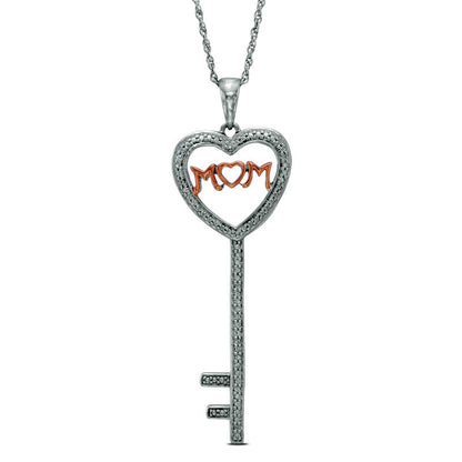 Natural Diamond Accent Heart-Top Key with "MOM" Pendant in Sterling Silver and 10K Rose Gold Plate
