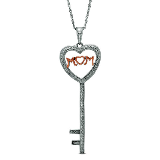 Natural Diamond Accent Heart-Top Key with "MOM" Pendant in Sterling Silver and 10K Rose Gold Plate