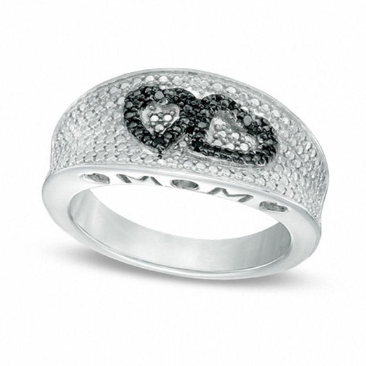 Enhanced Black and White Natural Diamond Accent Beaded Hearts "MOM" Ring in Sterling Silver