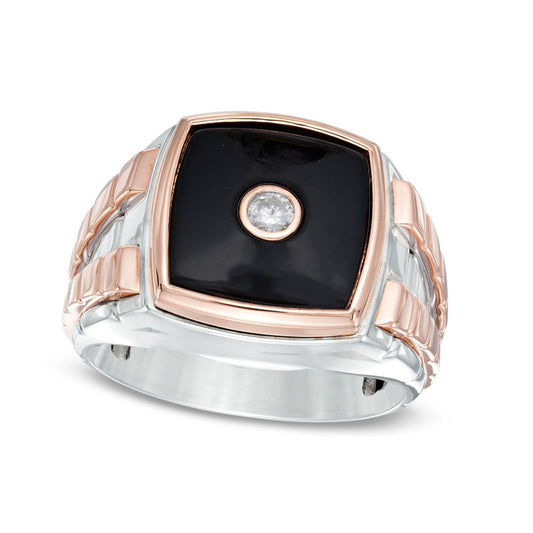 Men's 13.0mm Cushion-Cut Black Onyx and 0.10 CT. Natural Diamond Comfort Fit Ring in Solid 10K Two-Tone Gold
