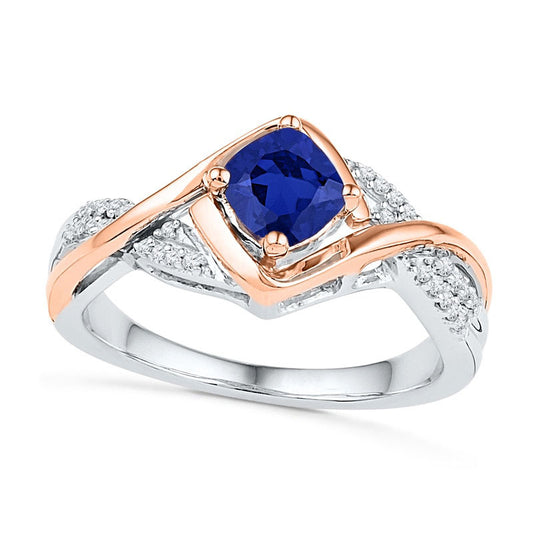 5.0mm Cushion-Cut Lab-Created Blue Sapphire and Diamond Accent Ring in Sterling Silver and Solid 10K Rose Gold