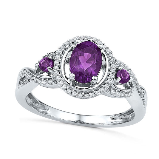Oval Amethyst and 0.20 CT. T.W. Natural Diamond Three Stone Ring in Sterling Silver